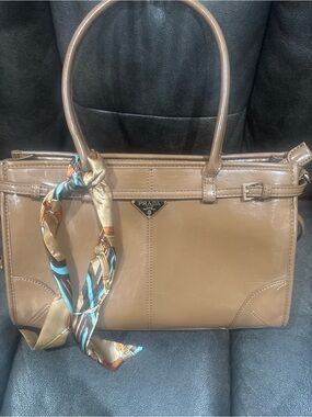 Tan Leather Satchel with Decorative Scarf